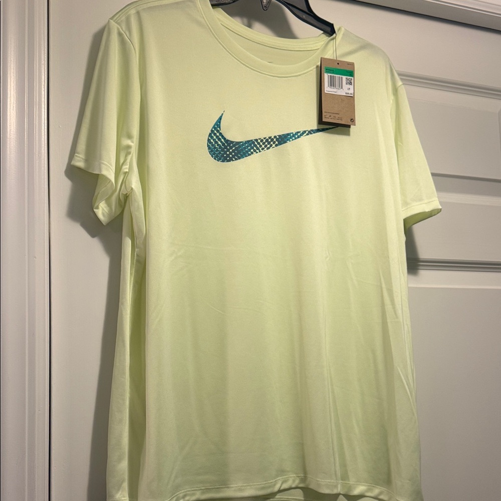 Nike Women's Light Yellow shirt with Blue Swoosh Dri-Fit Size XL NWT